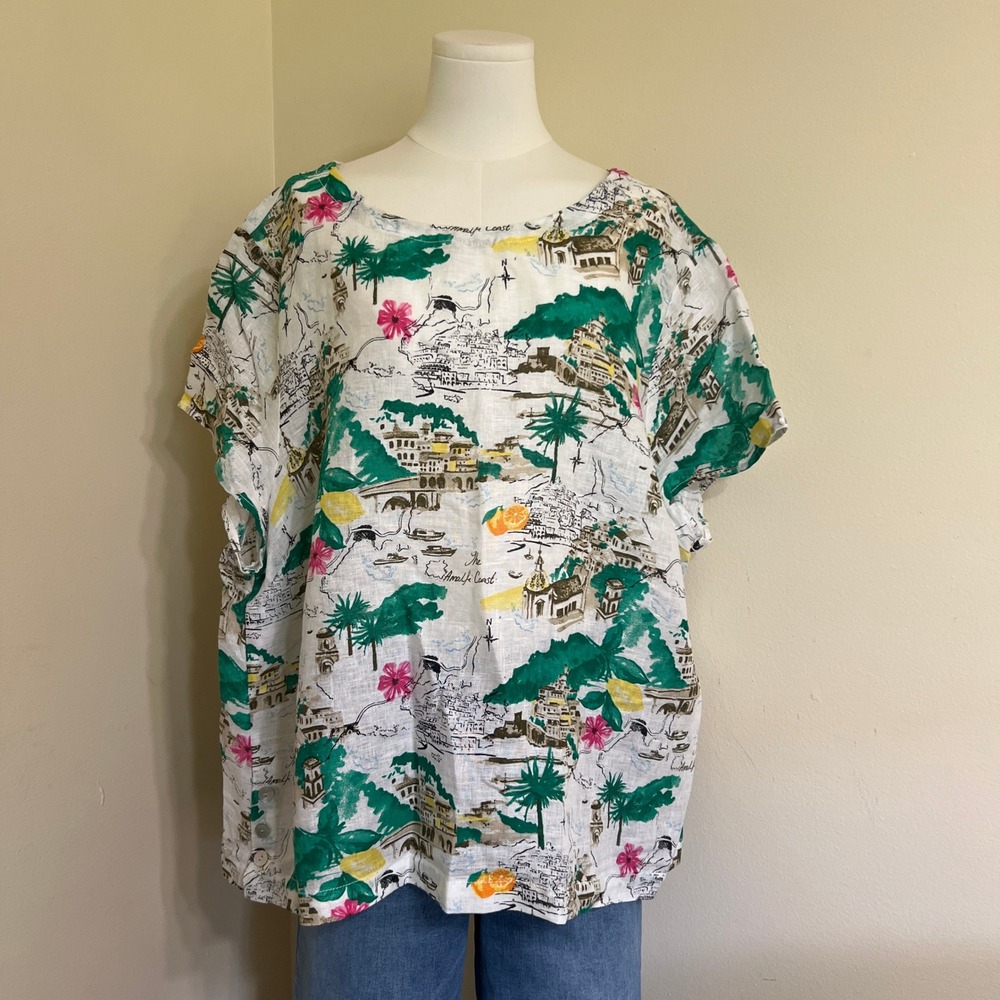 Cynthia Rowley Amalfi Coast Linen Top Womens 3X Postcard Print Italian Summer